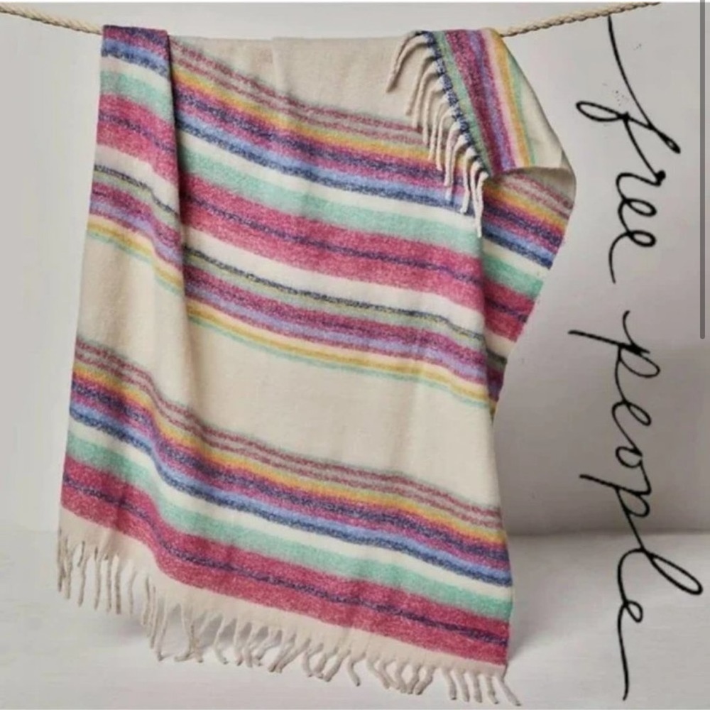 NWT Free People Skye Stripe Fringe Throw Blanket Ivory